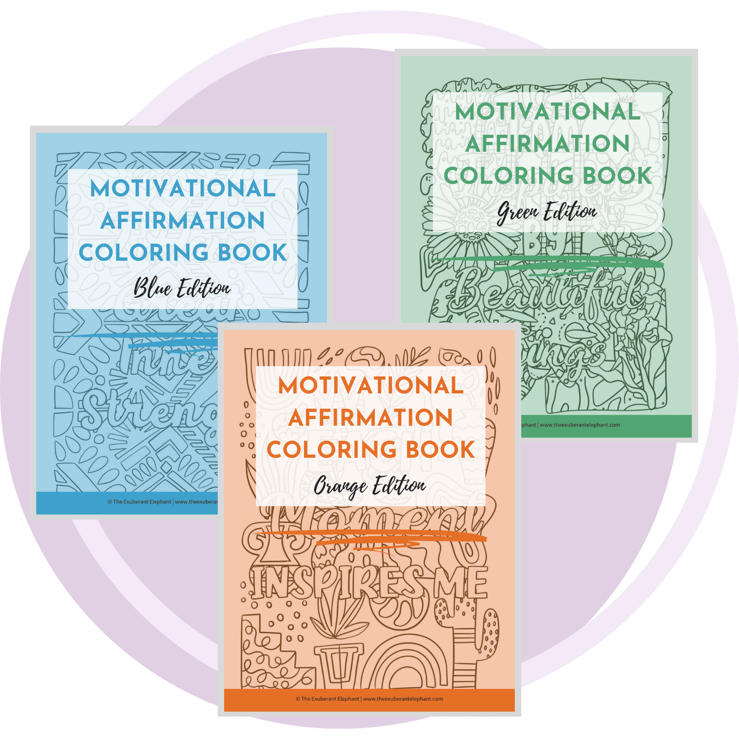 Motivational Affirmation Coloring Book BUNDLE - Orange, Blue, & Green Editions
